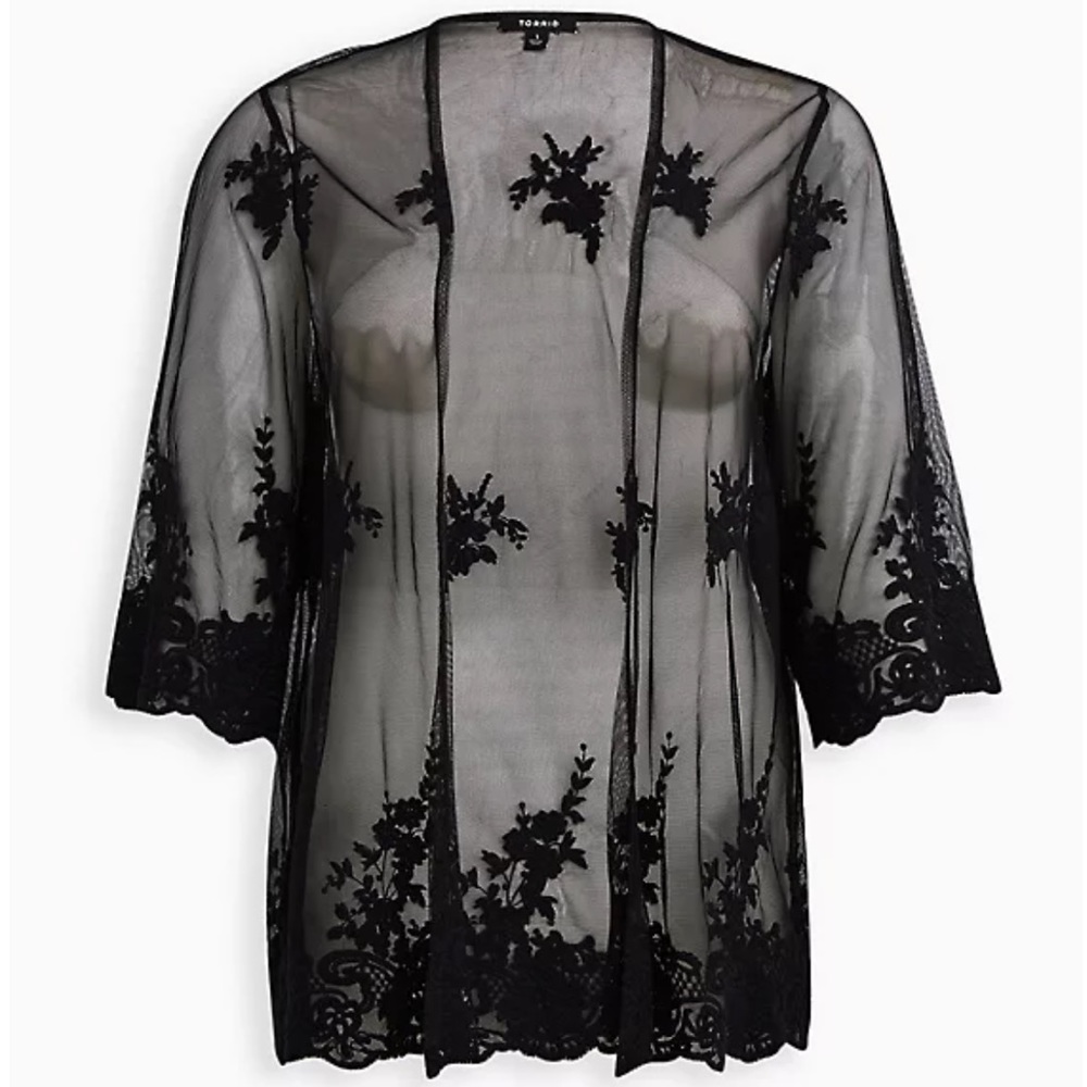 ⚪️NWT Torrid EMBROIDERY MESH KIMONO black size 2 plus 2x